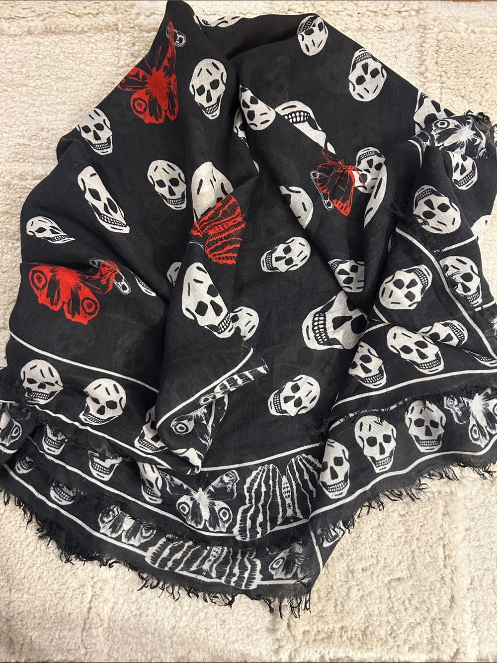 Alexander McQueen Black Skull & Red Butterfly Accent Throw Scarf